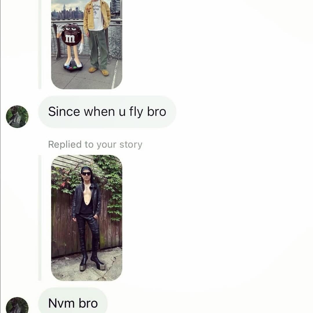 DM exchange where complimenting a friend's outfit gets instantly revoked after seeing his extreme platform boots in a hilarious meme.