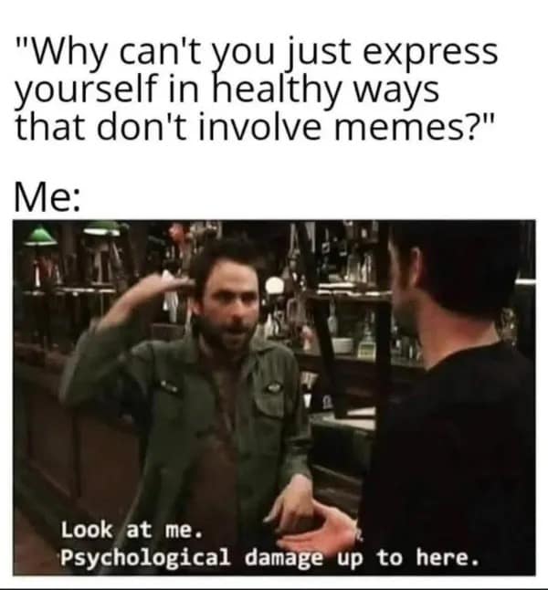 Charlie Kelly from It's Always Sunny in Philadelphia gesturing to his head with the subtitle "Look at me. Psychological damage up to here," explaining why he uses memes to communicate.