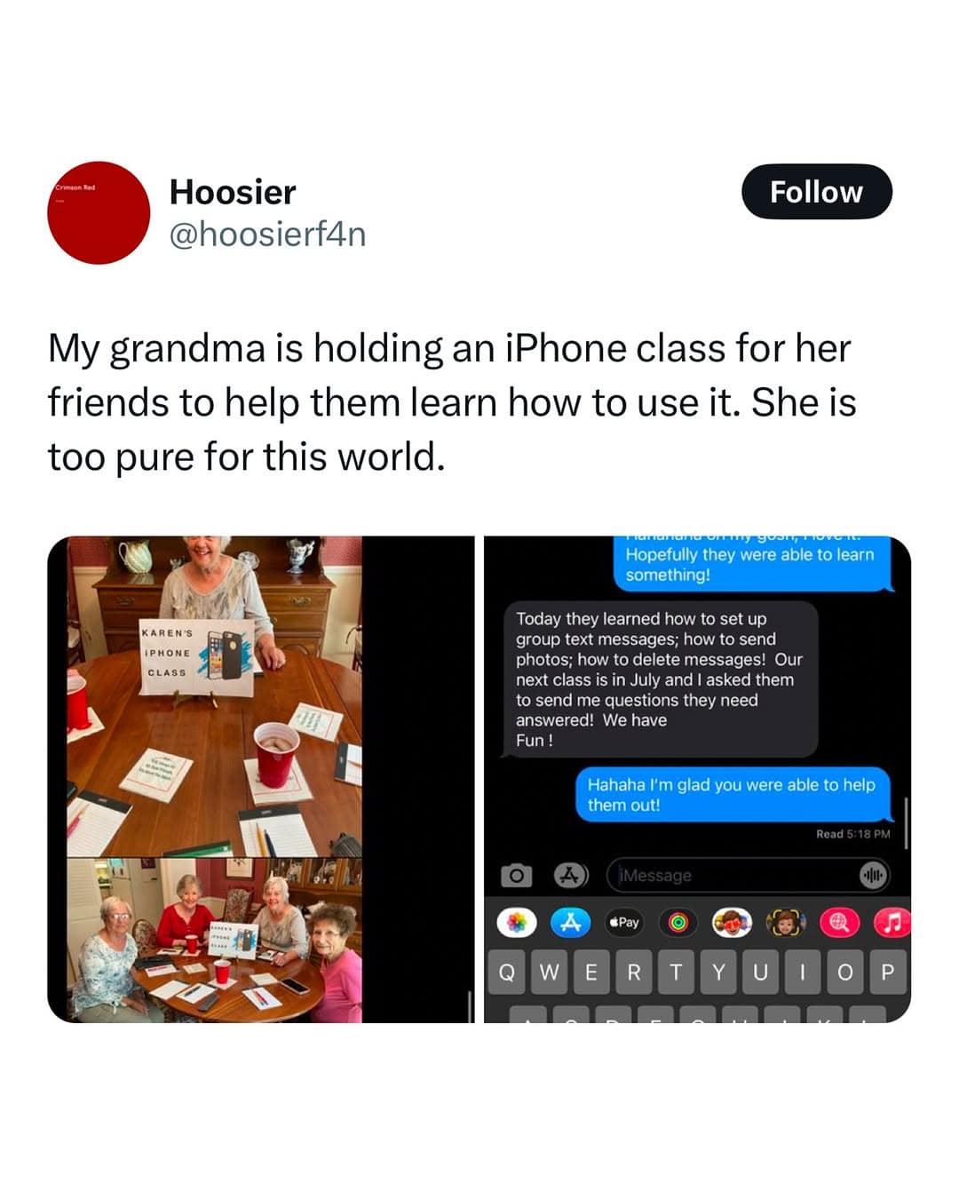 A wholesome technology post in this meme dump showing a grandmother named Karen hosting a structured iPhone instruction class for her elderly friends.