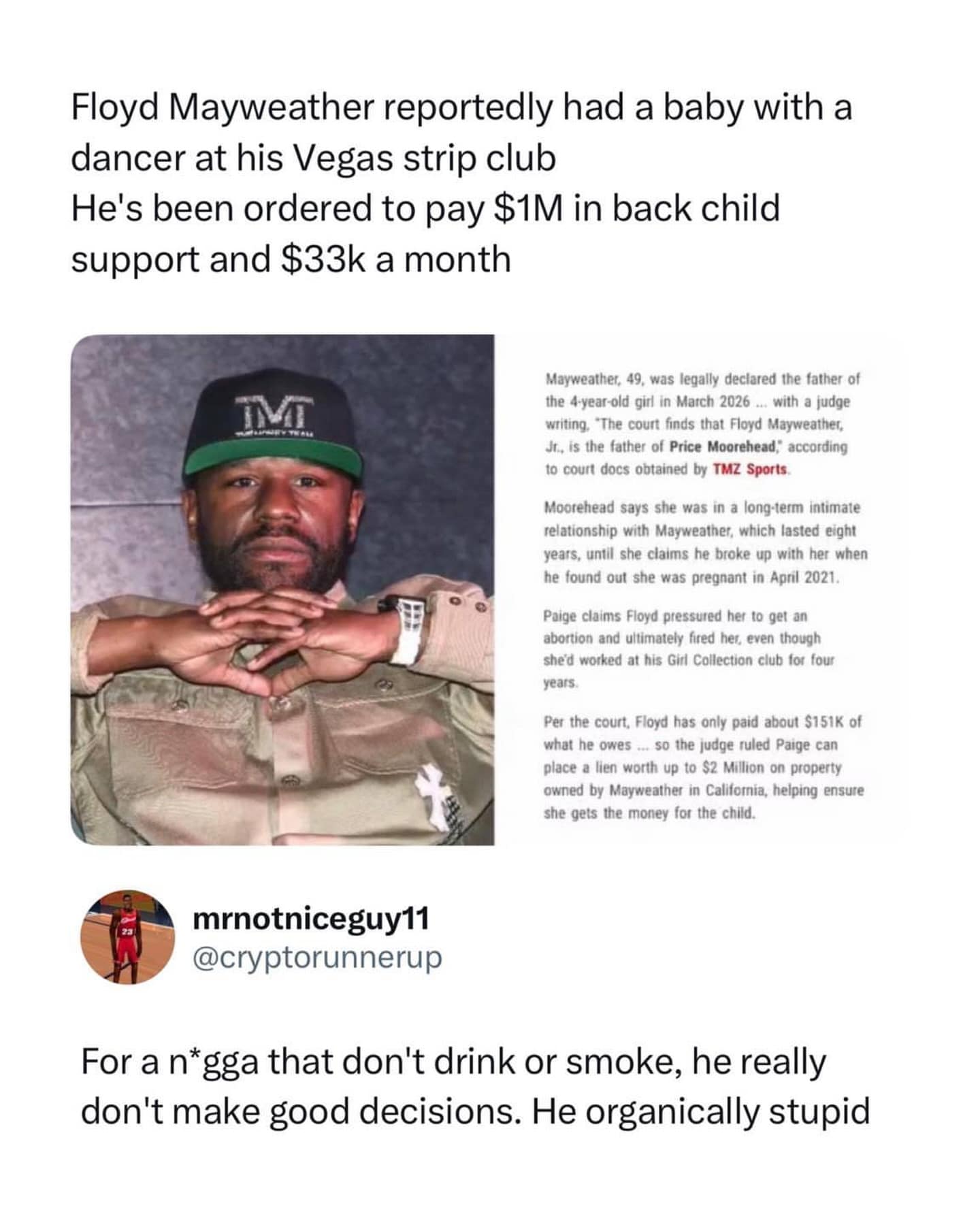 News graphic on Floyd Mayweather child support ruling paired with a tweet criticizing his financial decision-making in a meme dump.