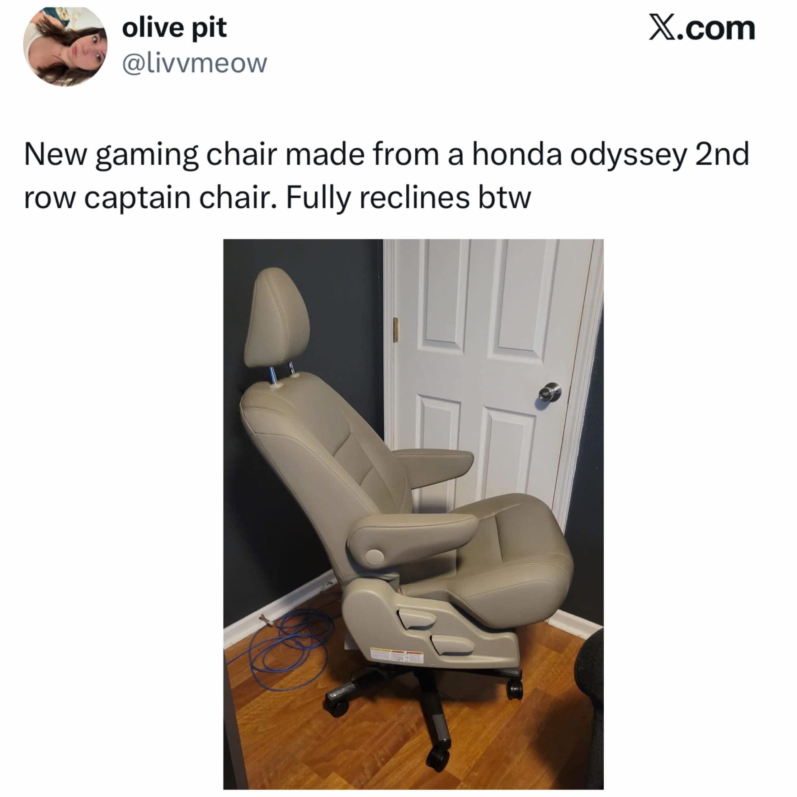 A custom DIY office setup featured as a hilarious meme showing a leather Honda Odyssey minivan captain's chair retrofitted onto a rolling desk chair base.
