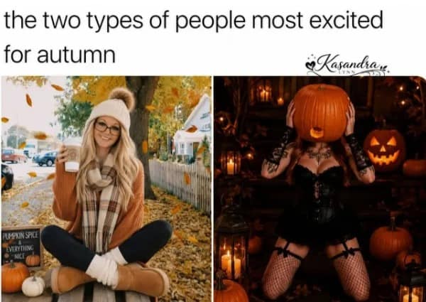 A seasonal autumn comparison meme dump image displaying "the two types of people most excited for autumn," contrasting a cozy pumpkin-spice coffee enthusiast with a dark goth pumpkin-head aesthetic.