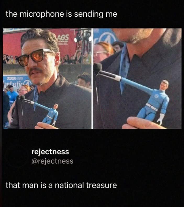 A viral Pedro Pascal moment in this dank meme collection showing him using a stretchy Mr. Fantastic action figure arm as a microphone extension at a press event.
