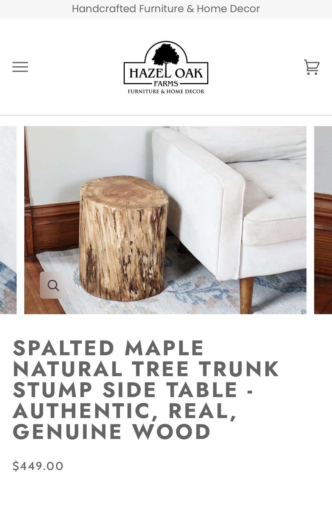 E-commerce screenshot for a luxury furniture site selling a plain, unmodified tree trunk stump as an authentic wooden side table for $449.00.
