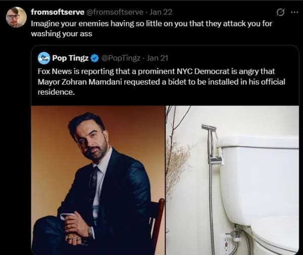 A political media roast in this meme dump quote-tweets news of a politician requesting a bidet installation, pointing out that enemies are reduced to attacking personal hygiene habits.