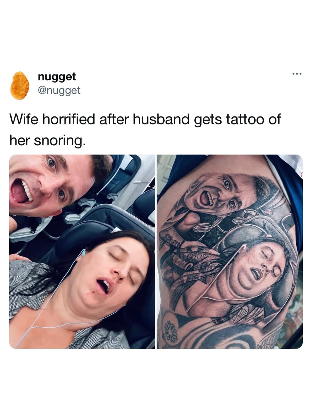 A chaotic marital prank story in this hilarious meme set showing a husband's leg tattoo depicting a photo of his wife sleeping with her mouth open.