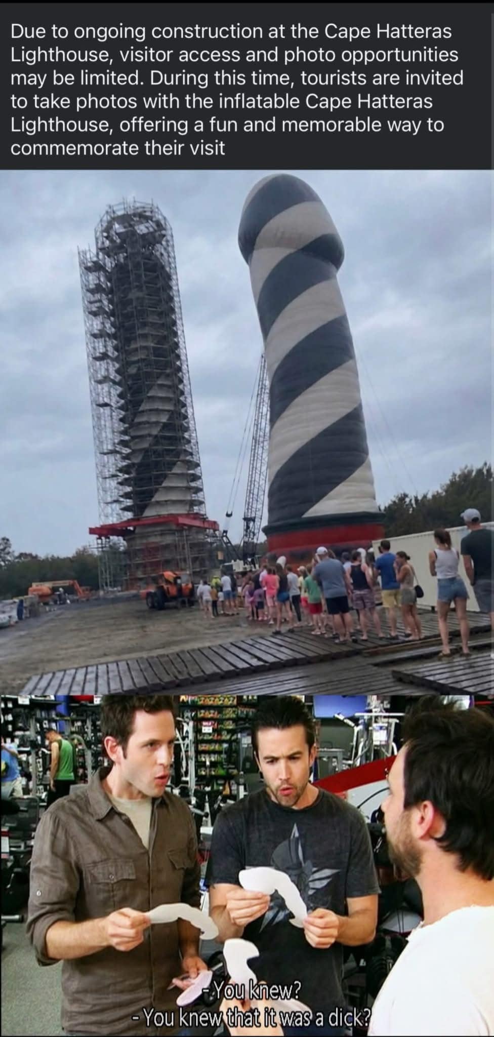 Photo of a temporary inflatable Cape Hatteras lighthouse with an unintentionally phallic shape, paired with an It's Always Sunny in Philadelphia reaction shot questioning the design.