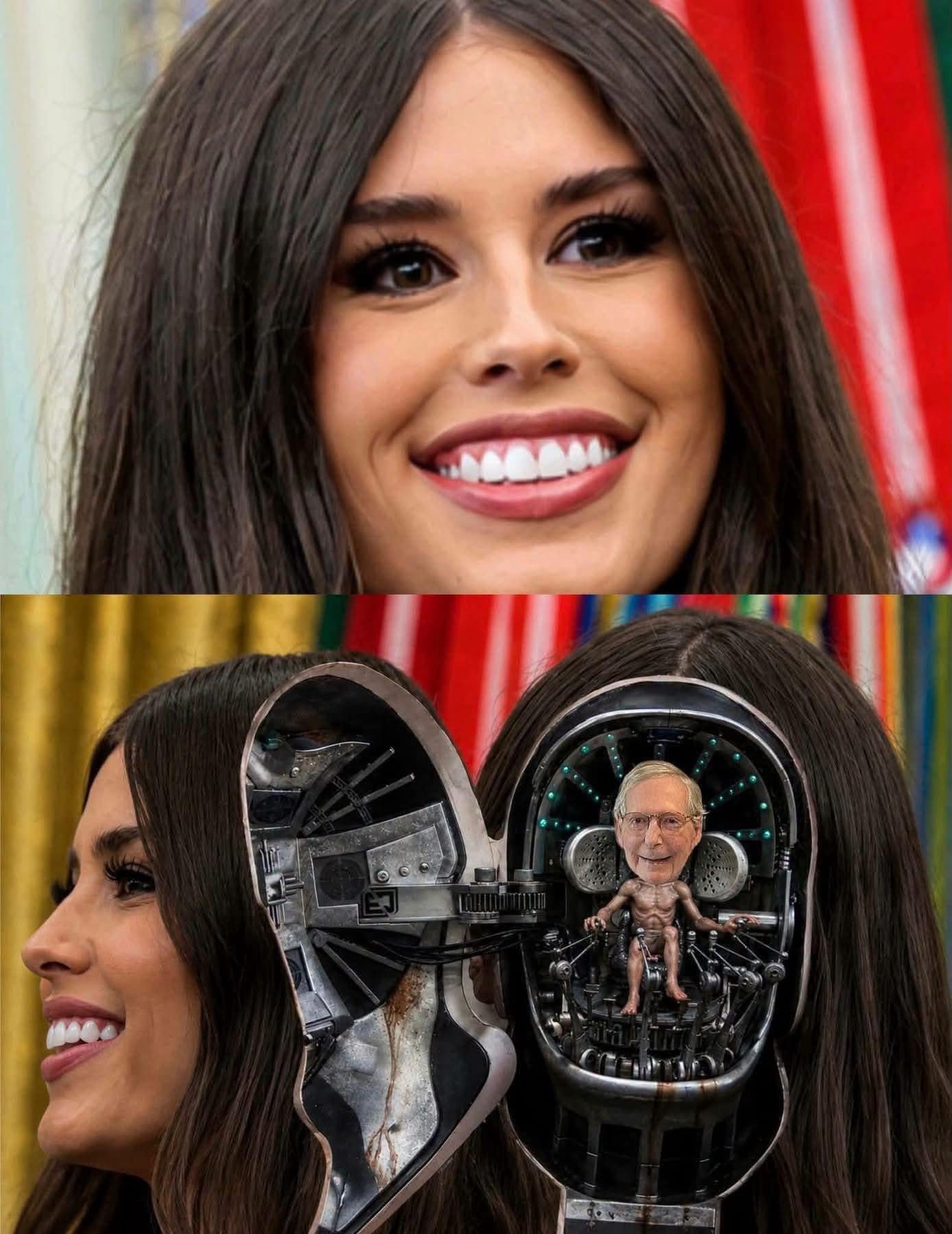 A sci-fi political satire meme dump image editing a politician's head opening like the Men in Black alien cockpit to reveal Mitch McConnell as the miniature pilot operating the controls.