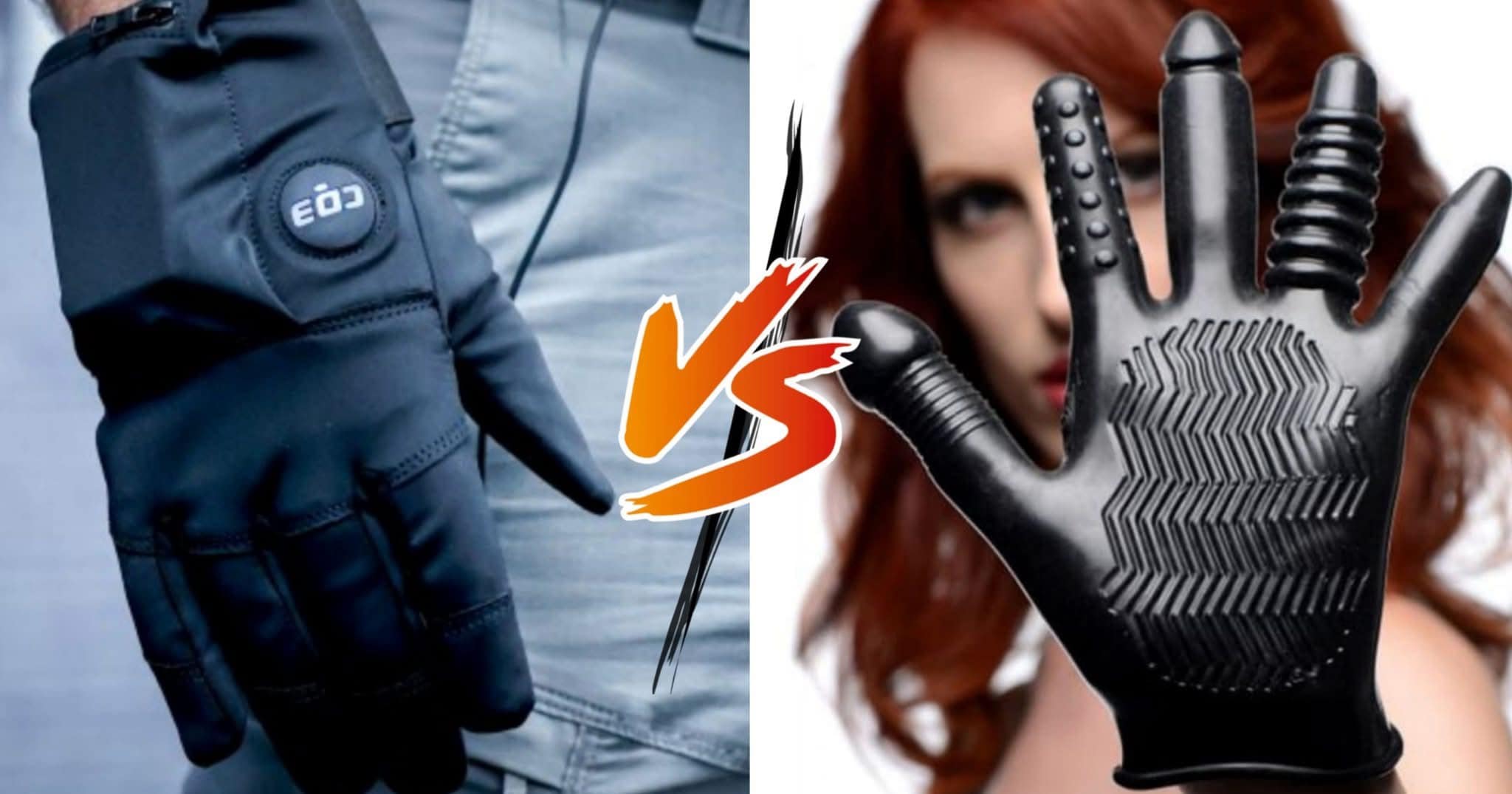 A side-by-side VS graphic comparing a black electric heated winter glove against a textured rubber massage glove in an intriguing meme dump product comparison.