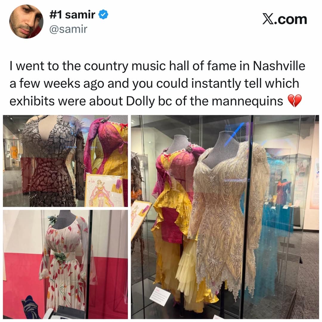 Photos of distinctly curvy exhibit mannequins wearing Dolly Parton's famous stage outfits in a meme dump.