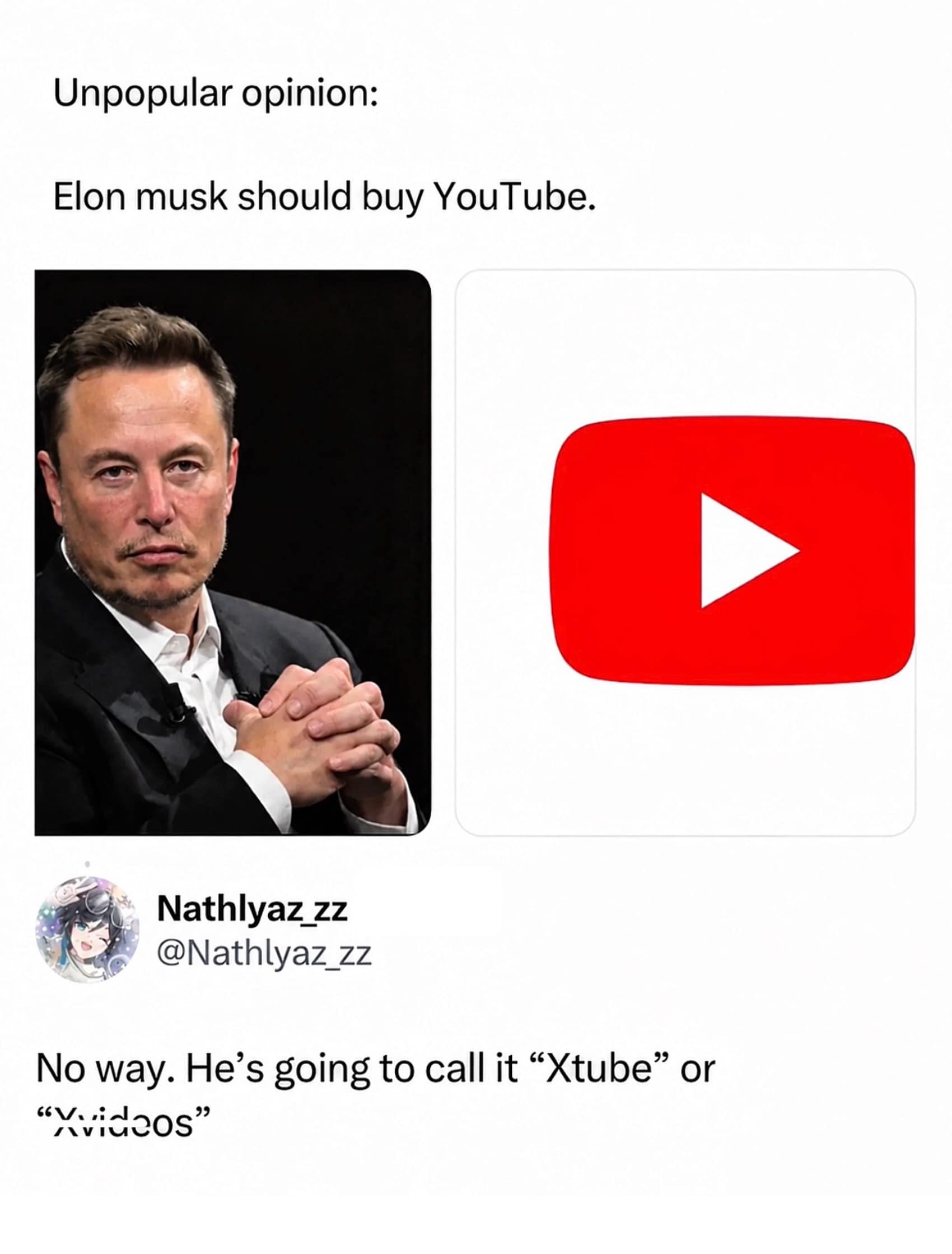 A tech branding satire tweet in this hilarious meme gallery warning that if Elon Musk bought YouTube, he would rename it after well-known adult sites.