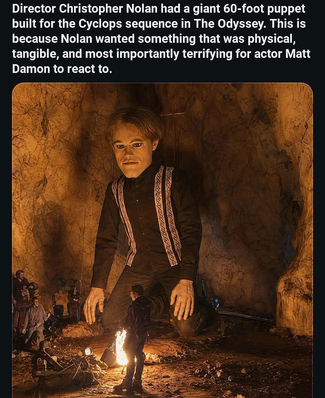 Parody movie trivia image showing a giant 60-foot puppet built in a cave for Christopher Nolan's fictitious Cyclops scene to terrify Matt Damon in a hilarious meme.