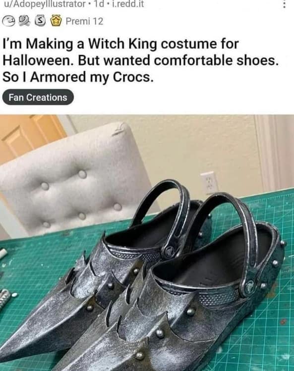 Custom cosplay footwear featuring black foam Crocs modified with sharp metallic armored plates to create Witch King combat shoes.
