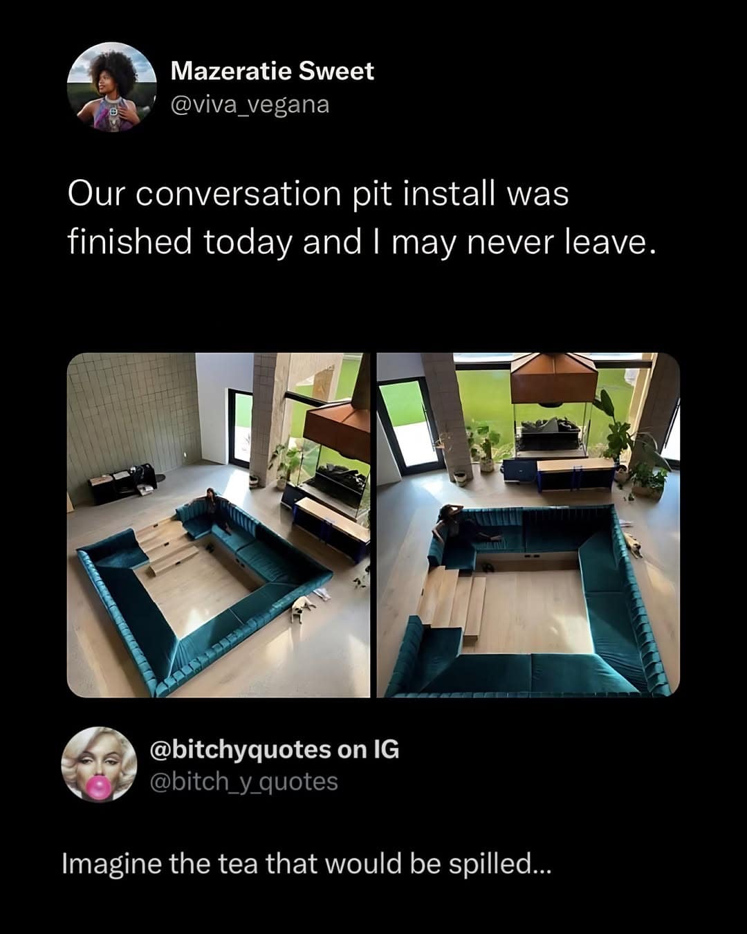 High-angle photograph of a massive, modern sunken conversation pit with plush teal seating, paired with a social media comment about the elite gossip shared there.