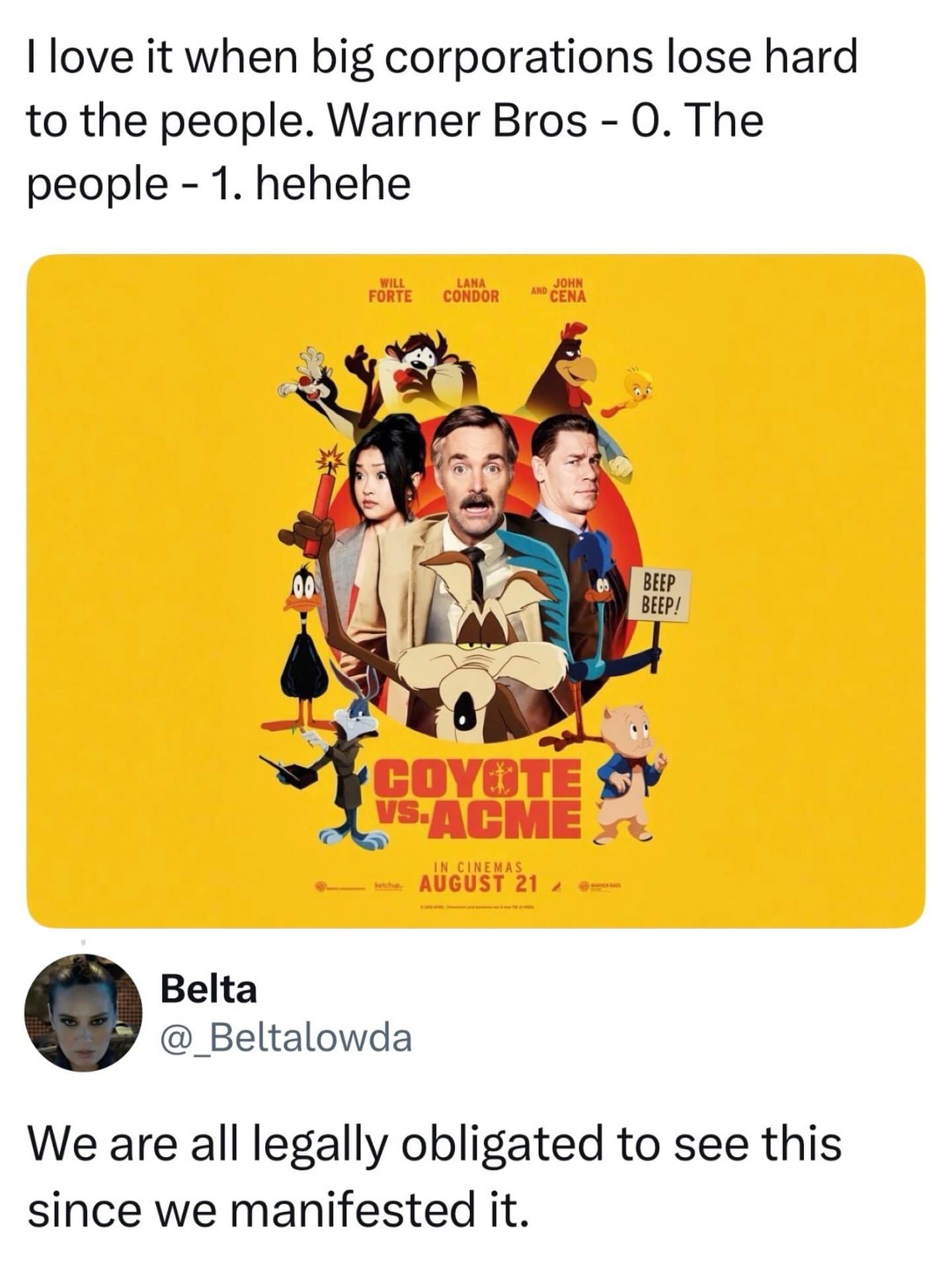A film industry victory post in this meme dump showcasing the movie poster for Coyote vs. Acme after fans successfully pressured the studio into releasing it.