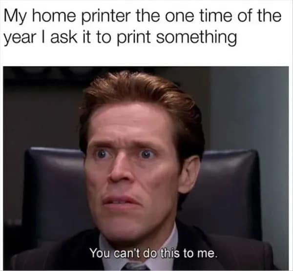 Willem Dafoe looking panicked as Norman Osborn in Spider-Man with the quote "You can't do this to me," representing a home printer asked to function once a year in a meme dump.