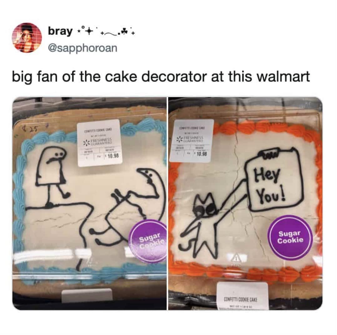 Two Walmart bakery cookie cakes decorated with crude Flork-style stick figures drawn in icing, complimented in a tweet celebrating the store's cake decorator.