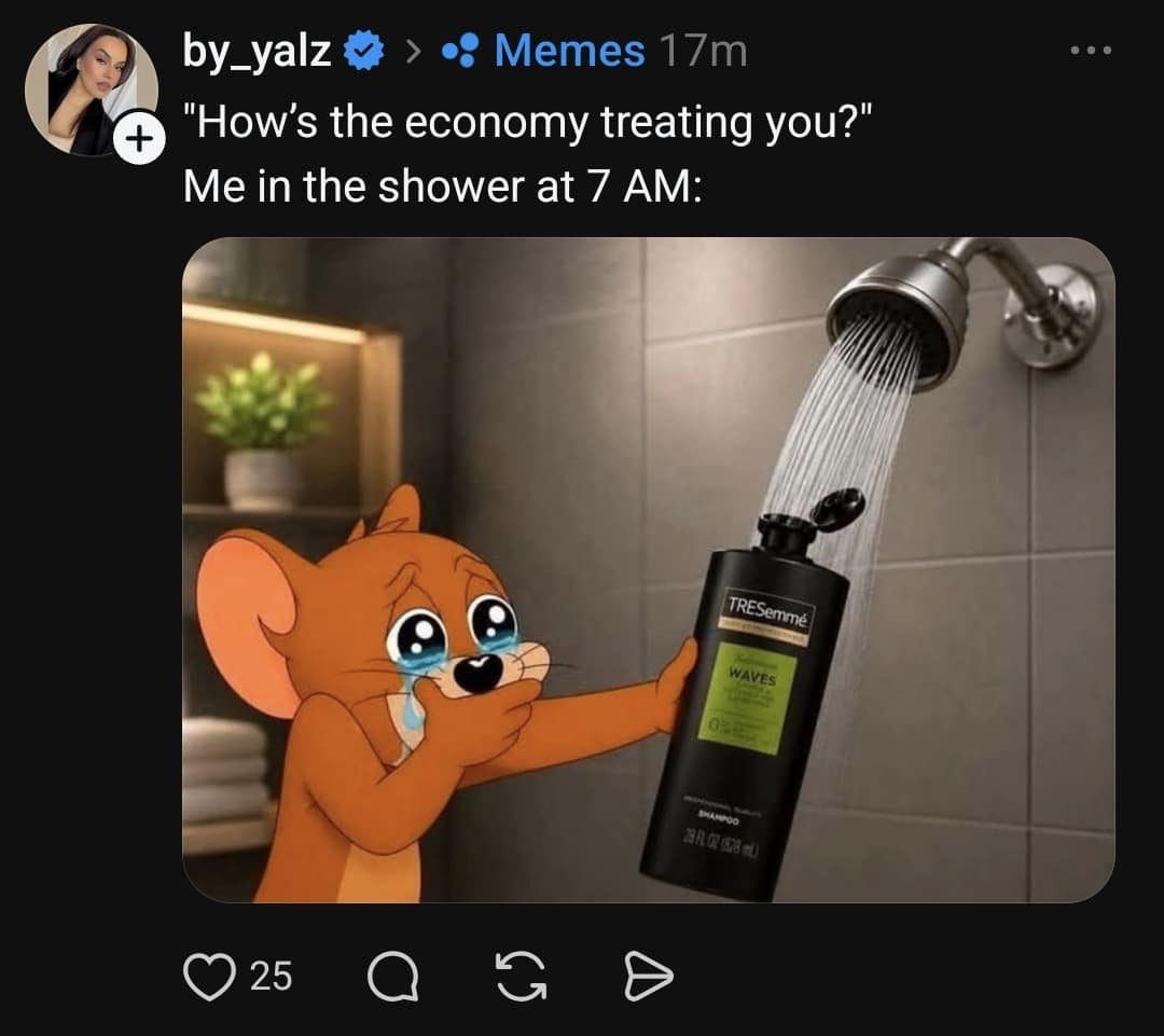 An inflation and budget struggle meme dump showing Jerry the mouse crying under a running shower head held over a bottle of TRESemmé shampoo at 7 AM.