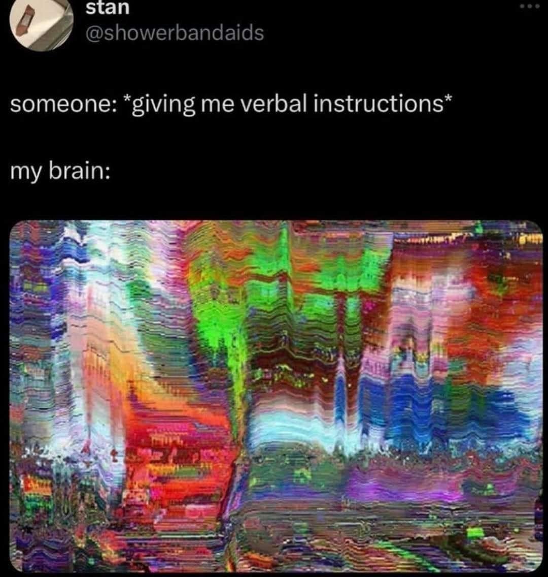 An auditory processing glitch post in this funny meme gallery depicting an intense rainbow signal noise static image to illustrate what happens when someone gives verbal instructions.