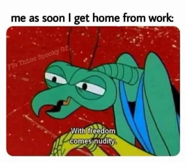 Space Ghost cartoon mantis character Zorak captioned "With freedom comes nudity," depicting the immediate post-work routine upon returning home.