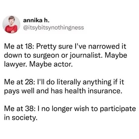 A life ambition decline timeline post in this funny meme collection tracking expectations at 18 (surgeon/actor) versus 28 (health insurance) and 38 (leaving society entirely).