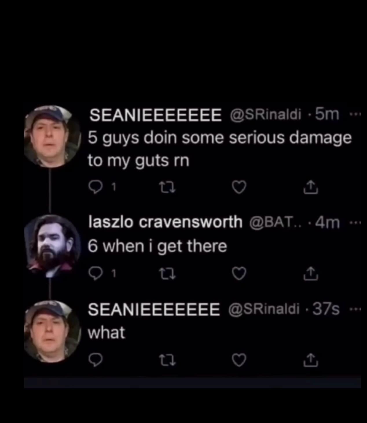 Twitter thread where an innocent post about eating Five Guys burgers gets wildly misunderstood in a hilarious meme dump screenshot.