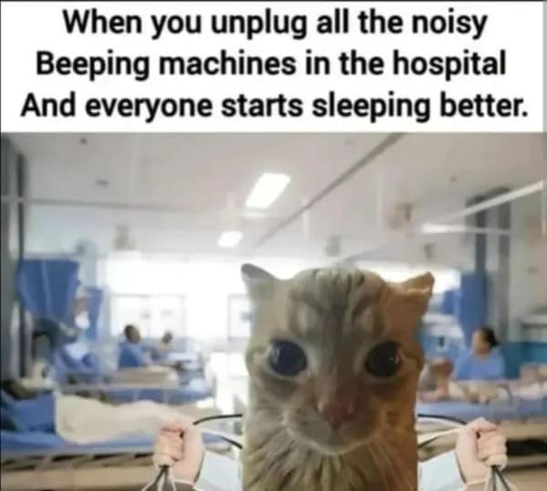Dark humor graphic of a cat face superimposed in a hospital ward, claiming that unplugging noisy medical monitors helped patients sleep peacefully.