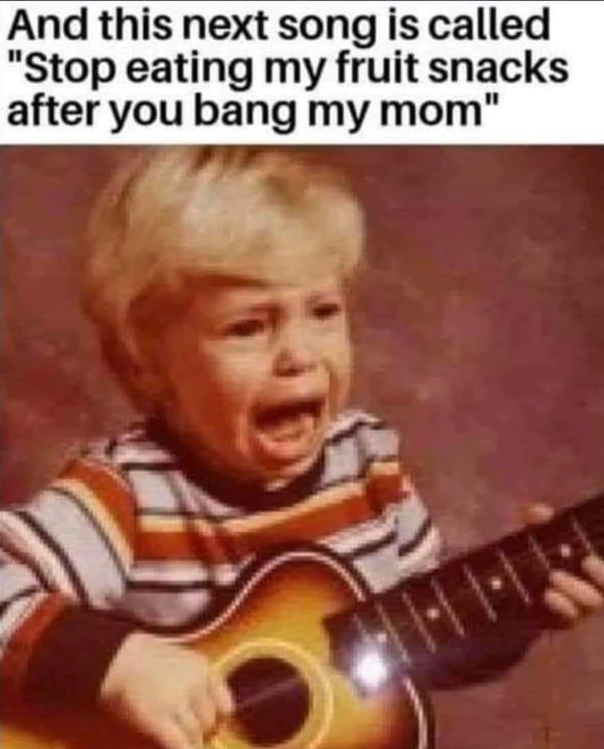 Vintage photo of a crying child playing a small toy guitar, captioned as performing an emotional song about mom's boyfriend eating his fruit snacks in a meme dump.