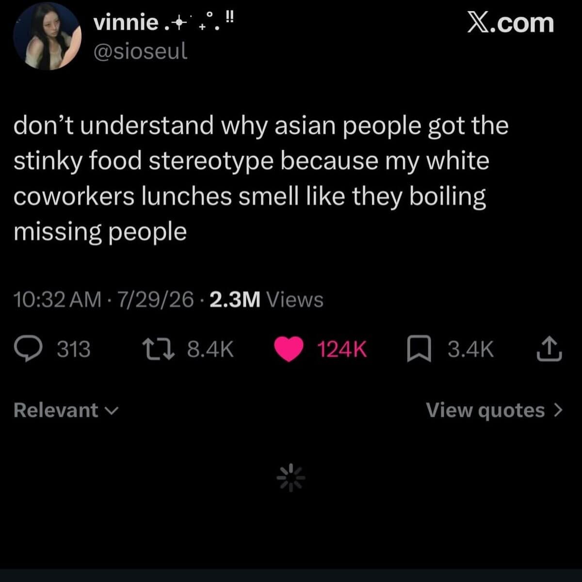 An office breakroom food critique tweet featured as a funny meme by @sioseul calling out white coworkers whose microwaved lunches smell like boiling missing persons.