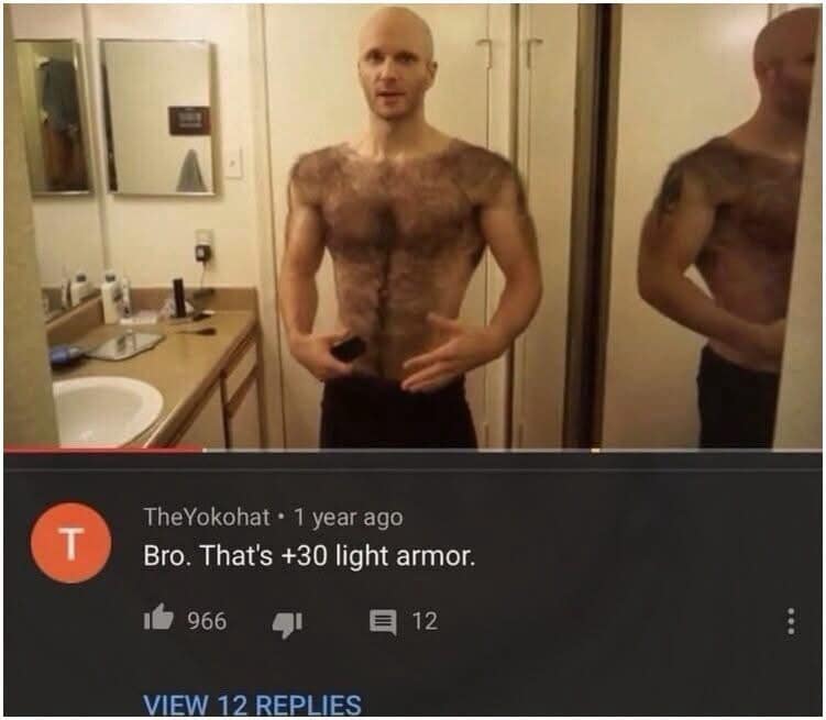 YouTube screenshot of a bald, shirtless man with dense body hair covering his torso, paired with a funny top comment rating it as +30 light armor in a meme dump.