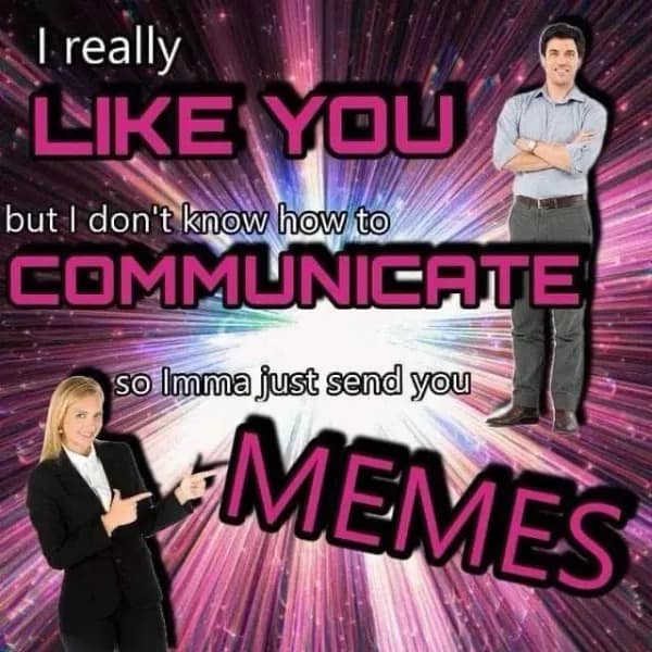 Retro starburst background featuring stock photos of professionals pointing at text explaining why memes are used for romance due to a lack of verbal communication skills.