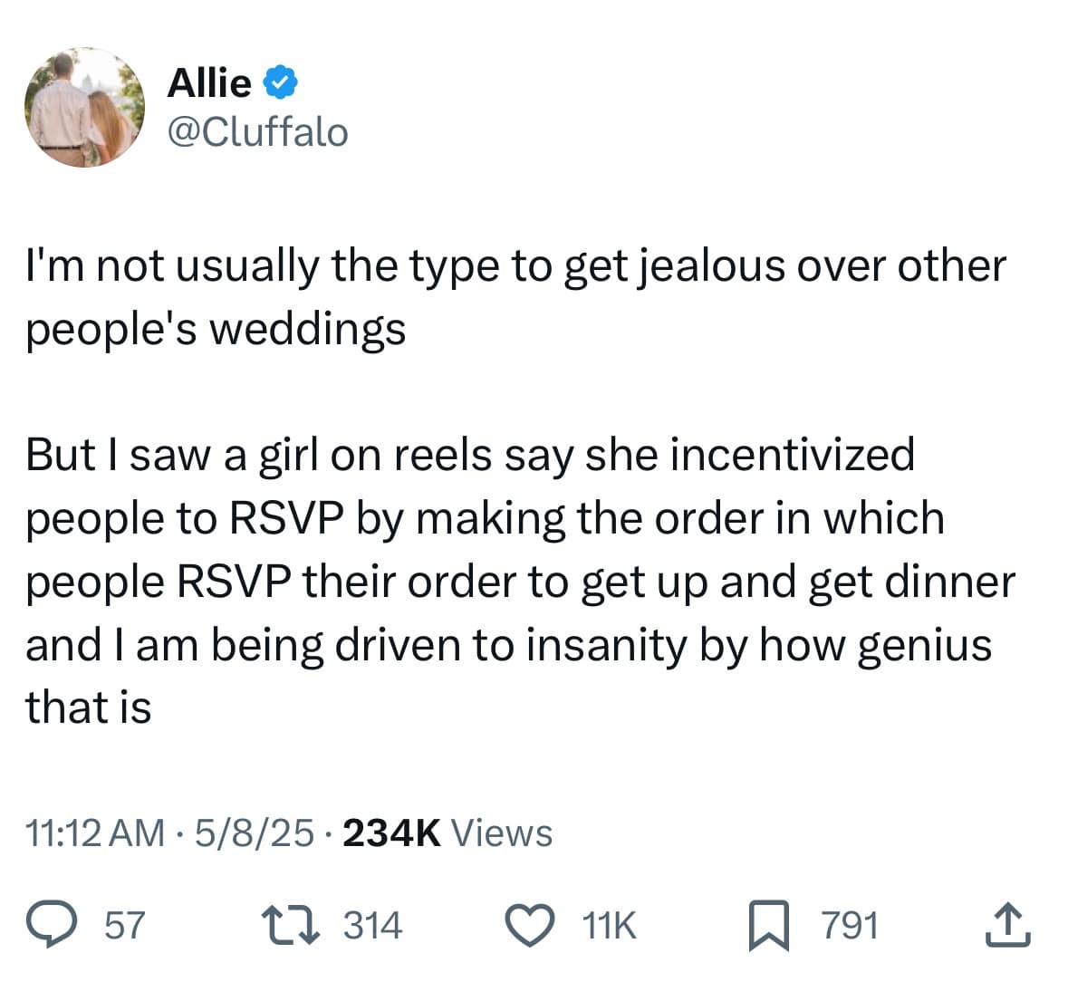 A wedding catering efficiency tweet in this meme dump by @Cluffalo praising a bride who arranged the reception buffet line based on how fast guests RSVP'd.
