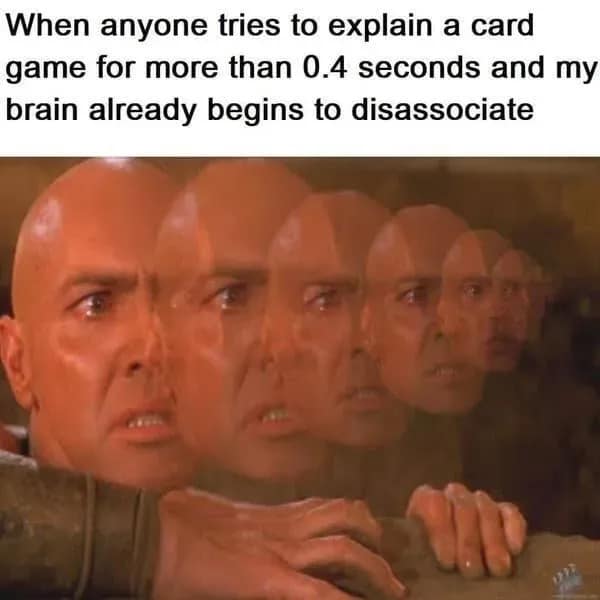 Imhotep from The Mummy screaming with a motion-blur trailing effect to capture instant mental dissociation when someone explains complex card game rules in a meme dump.