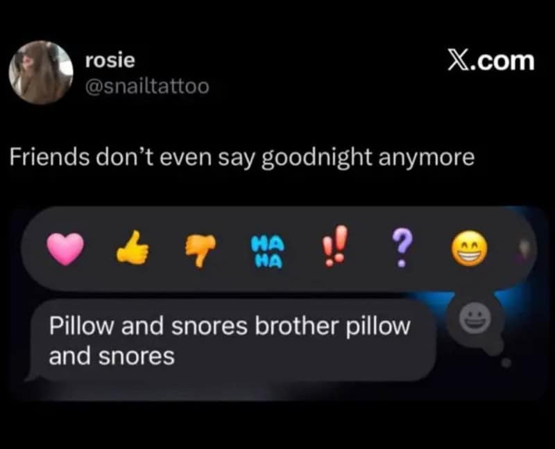 Text message exchange on a dark background showing a friend replacing a traditional goodnight wish with "Pillow and snores brother" in a relatable meme dump.