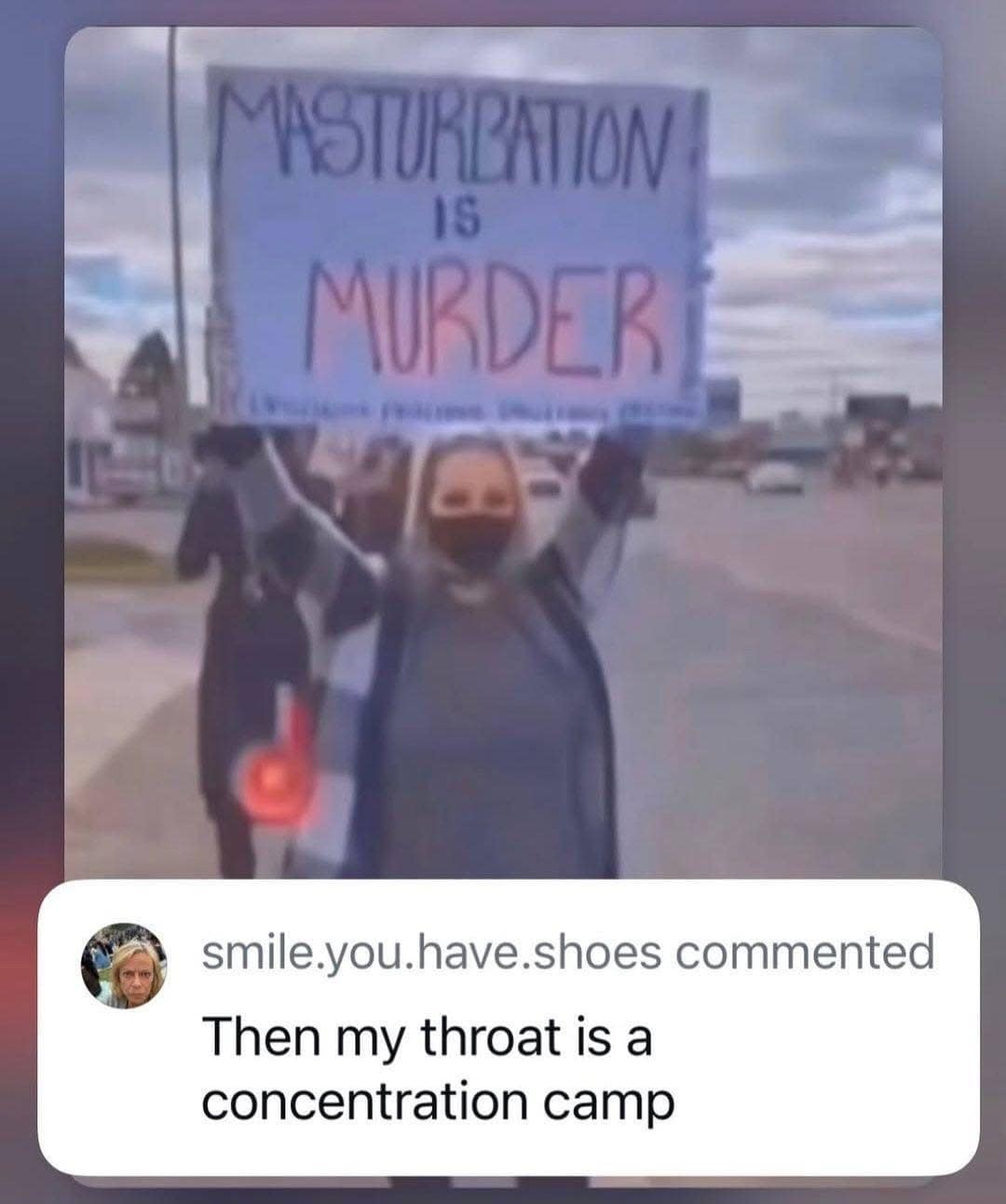 Street protest sign claiming "Masturbation is Murder" paired with a dark, unhinged social media reply regarding the statement.