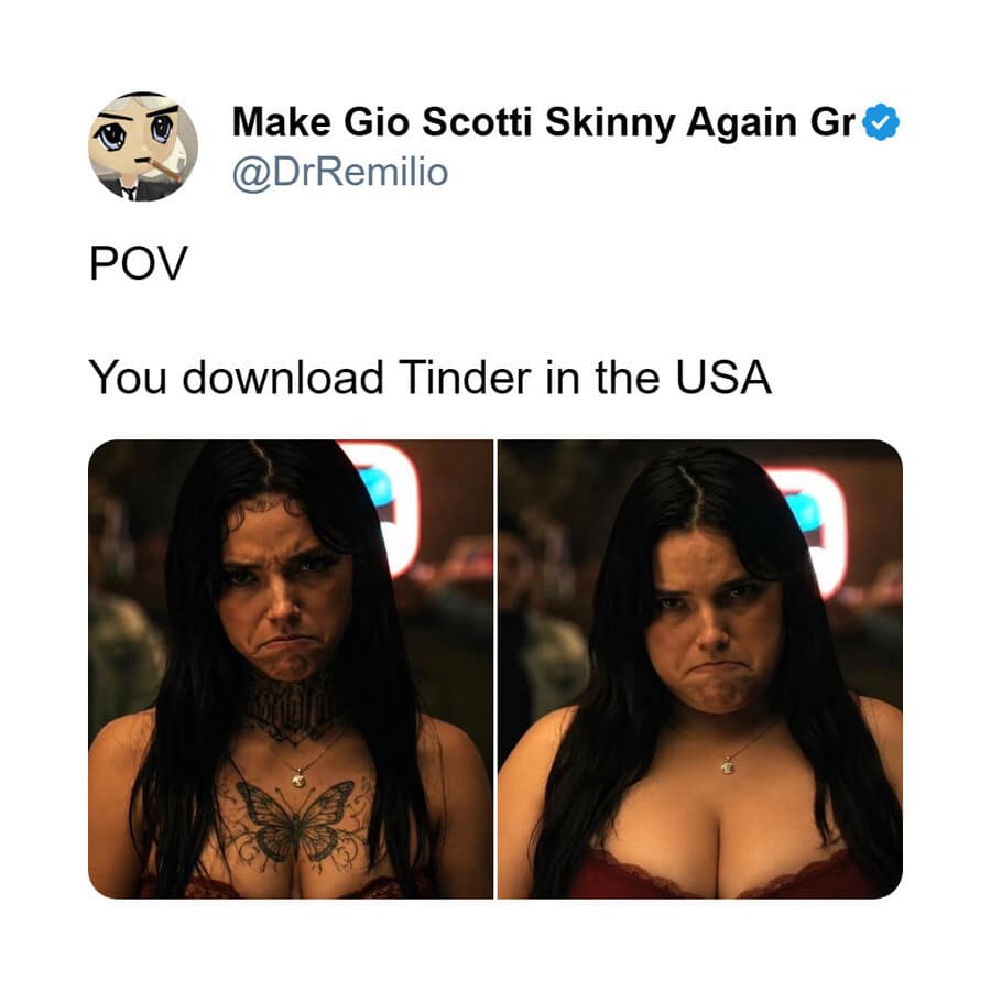 A dating app satire post in this meme dump by @DrRemilio comparing side-by-side photos of scowling alternative women under the title "POV You download Tinder in the USA."