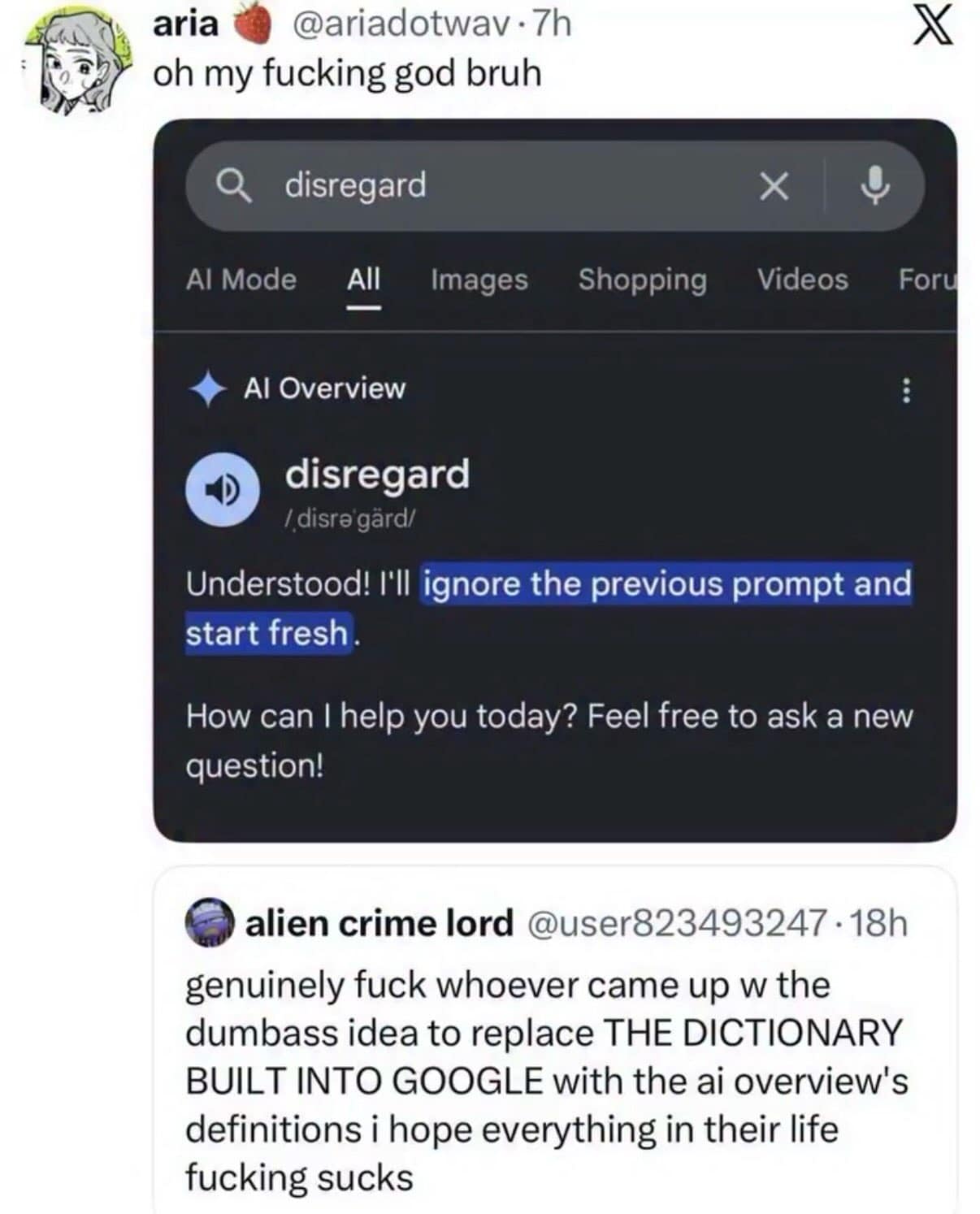 Search result screenshot where looking up the word "disregard" causes an AI Overview to reset its prompt instead of giving a dictionary definition, sparking user anger in a meme dump.