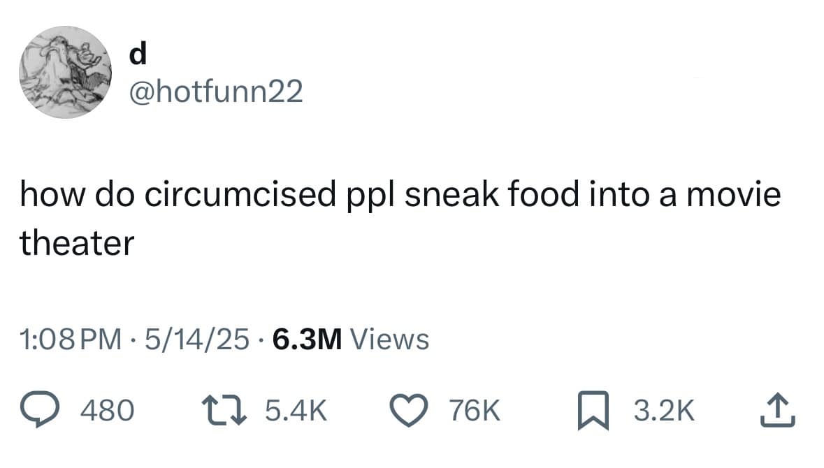 An unhinged movie snack question featured in this meme dump tweet by @hotfunn22 asking how circumcised people manage to sneak food into a theater.