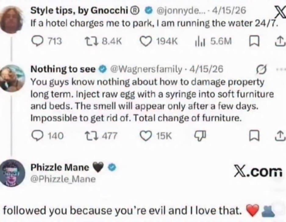 Social media thread escalating from running hotel tap water over parking fees to injecting raw egg into mattress upholstery as long-term property revenge in a meme dump.
