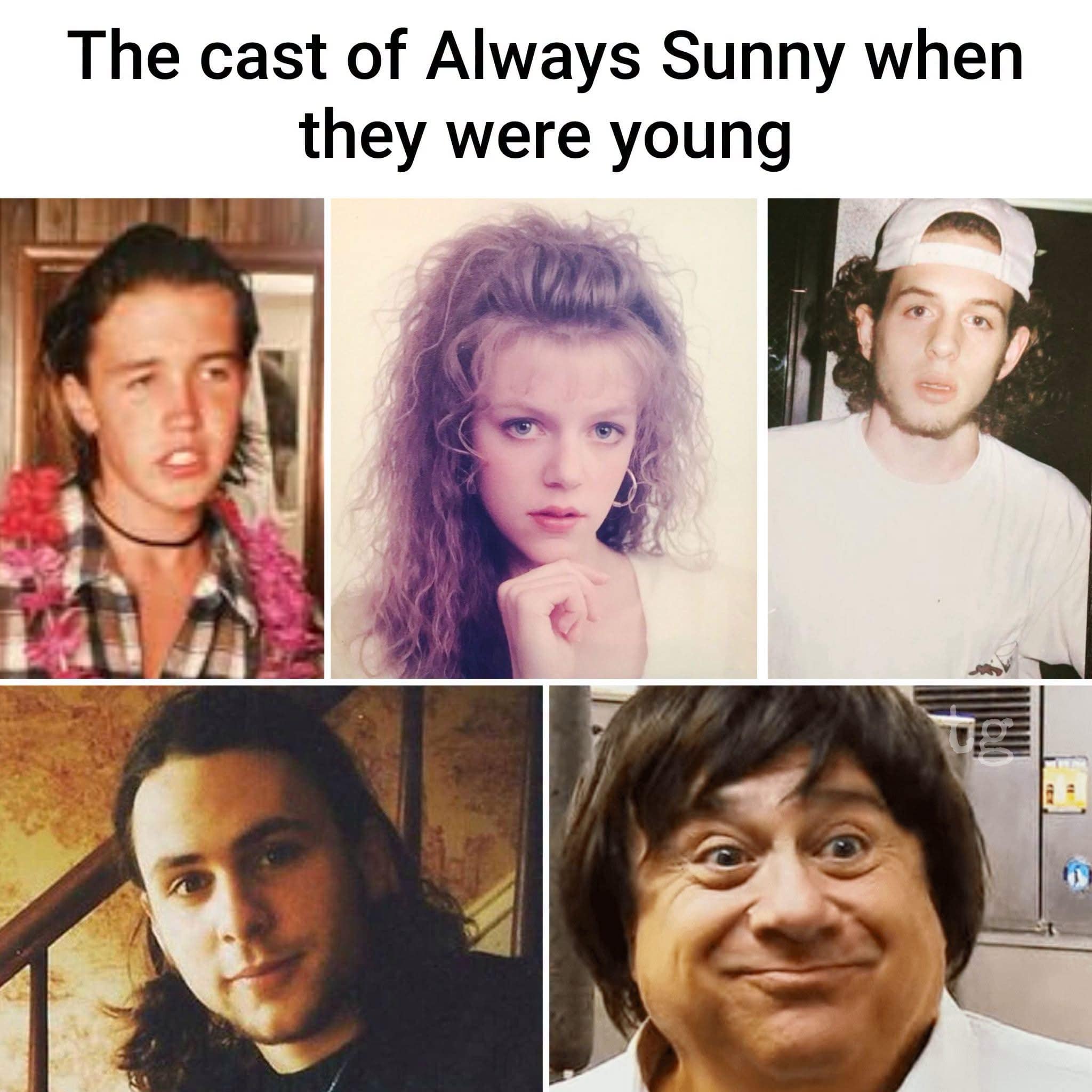 Photo grid comparing throw-back youth photos of the It's Always Sunny in Philadelphia cast alongside Danny DeVito wearing a ridiculous dark bowl-cut wig.