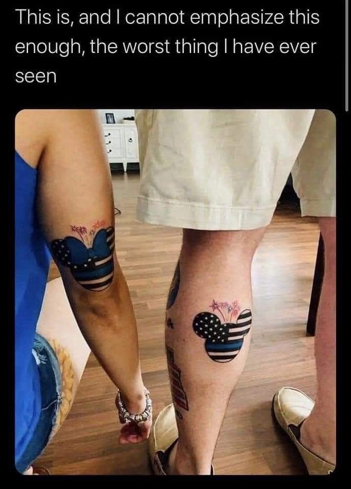 A cursed tattoo photo in this meme dump displaying thin blue line American flag Mickey and Minnie Mouse silhouettes inked onto a couple's leg and arm.