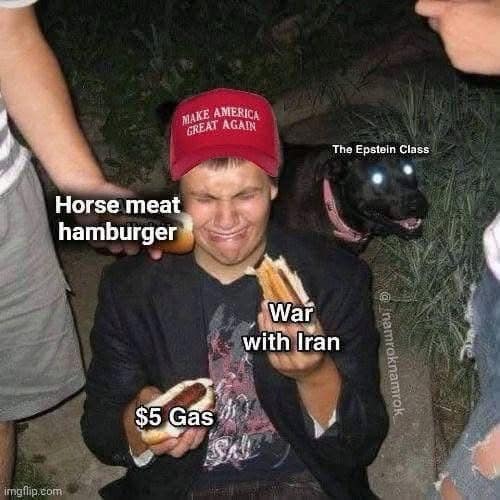 Flash photograph of a man in a red hat wincing while holding hot dogs labeled with societal stressors, while a dog with glowing eyes looms in the background.