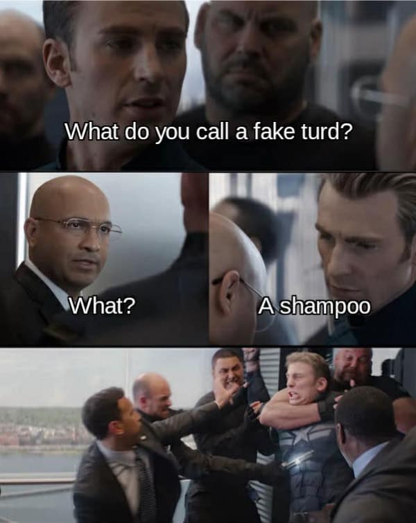 Three-panel Captain America elevator fight scene where Steve Rogers asks what to call a fake turd, delivers the punchline "A shampoo," and immediately gets ambushed by Hydra agents as a classic meme dump entry.