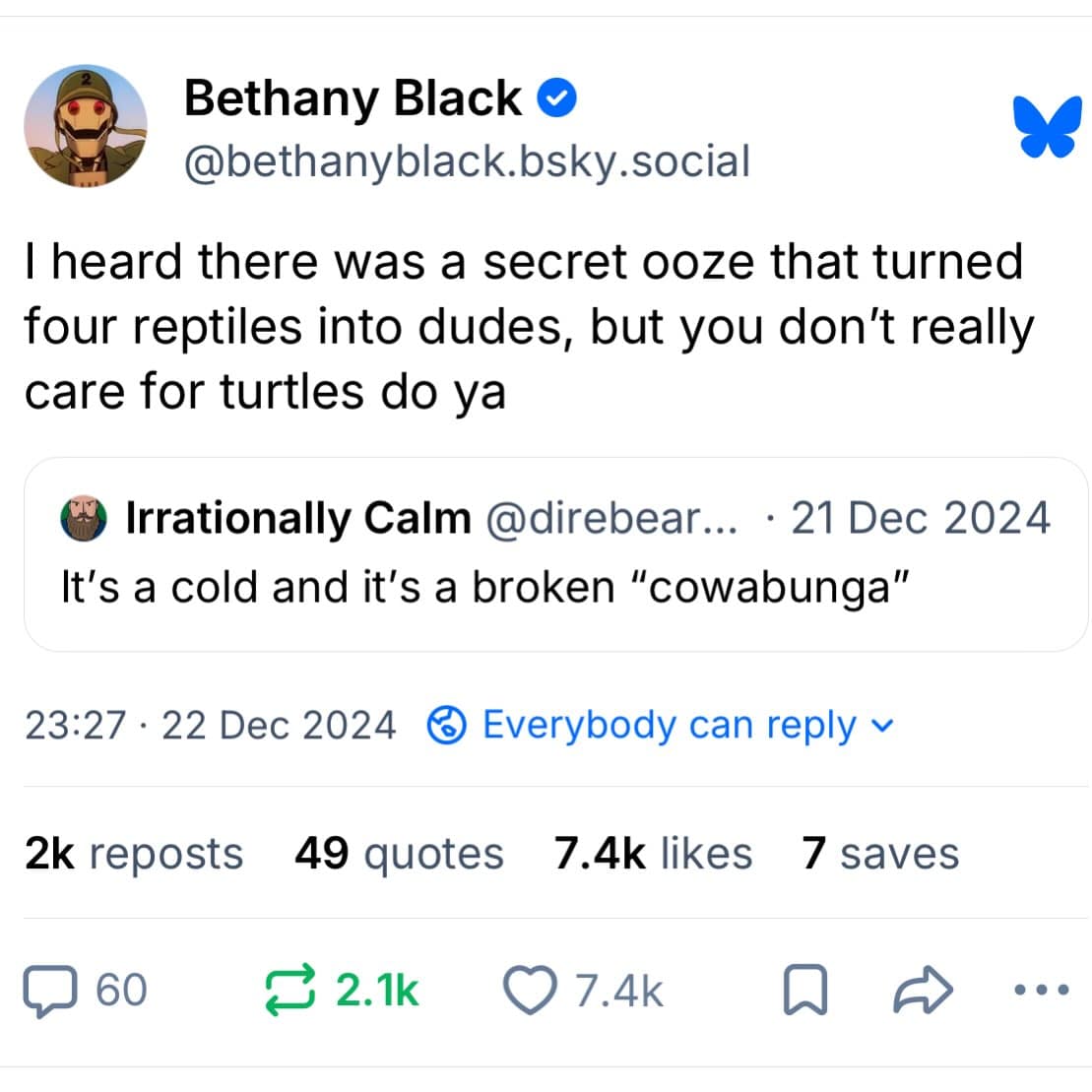 Bluesky social media post rewriting Leonard Cohen's "Hallelujah" lyrics to explain the radioactive origin story of the Teenage Mutant Ninja Turtles.