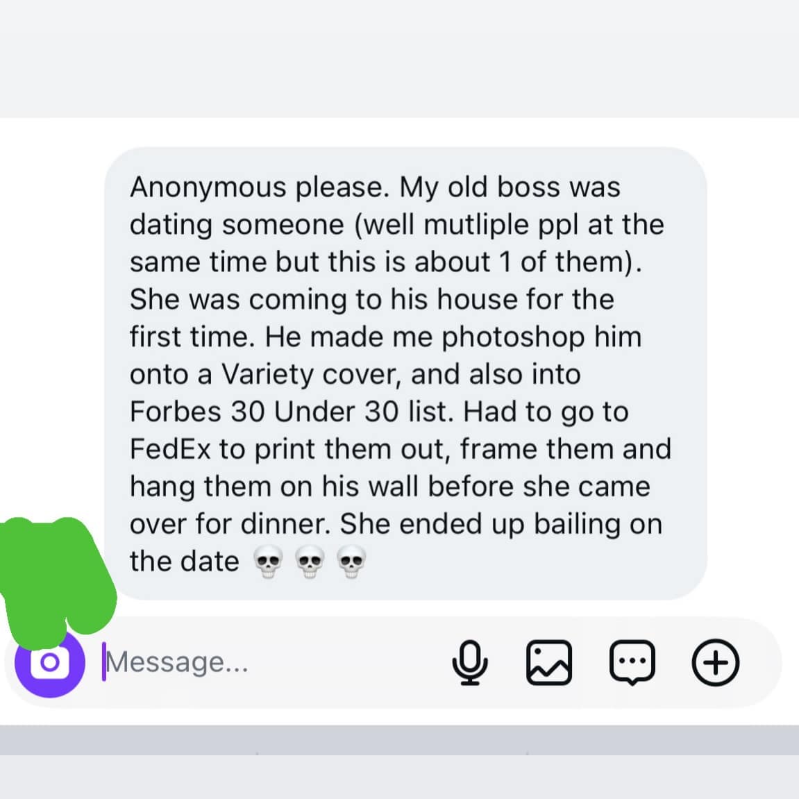 Screenshot of an anonymous workplace confession detailing a boss who forced his assistant to fake Forbes 30 Under 30 covers and frame them before a first date.