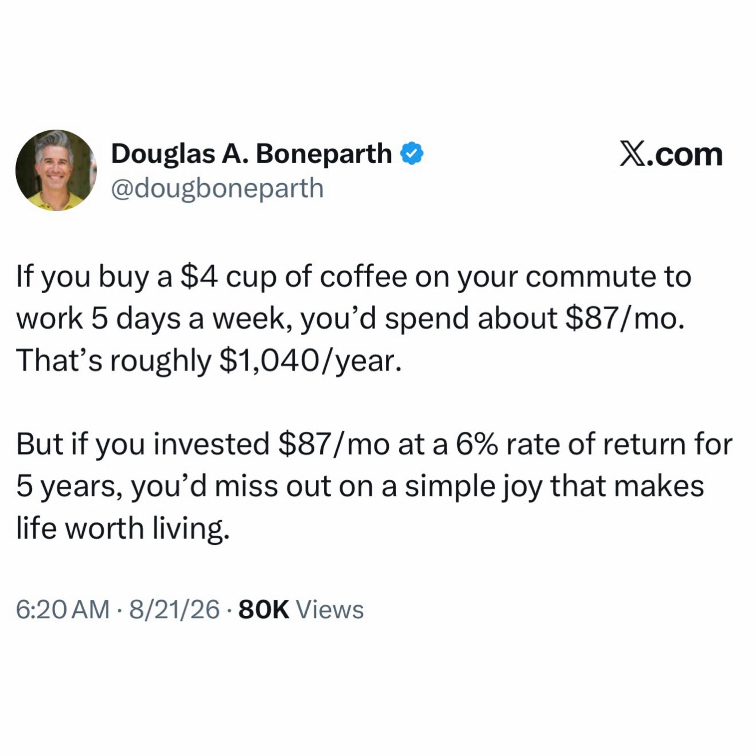 Financial tweet by Douglas A. Boneparth calculating coffee math, concluding that skipping a daily $4 cup of coffee isn't worth abandoning life's simple joys.