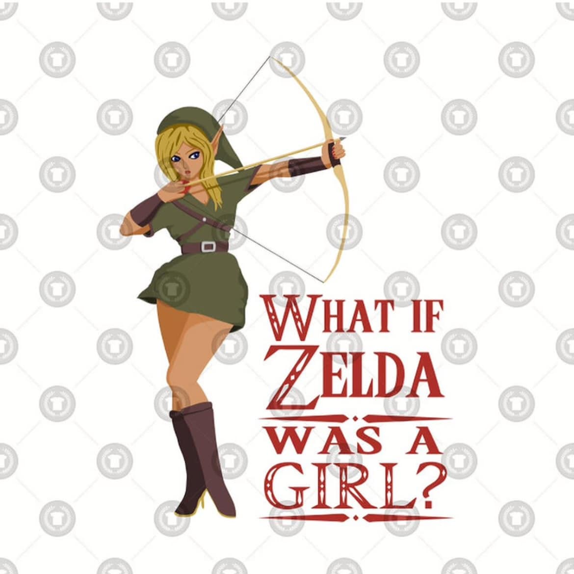 Vector art graphic featuring a blonde female archer in a green tunic drawing a bow, accompanied by text reading "WHAT IF ZELDA WAS A GIRL?" playing on the classic gamer trope of confusing Link's name.