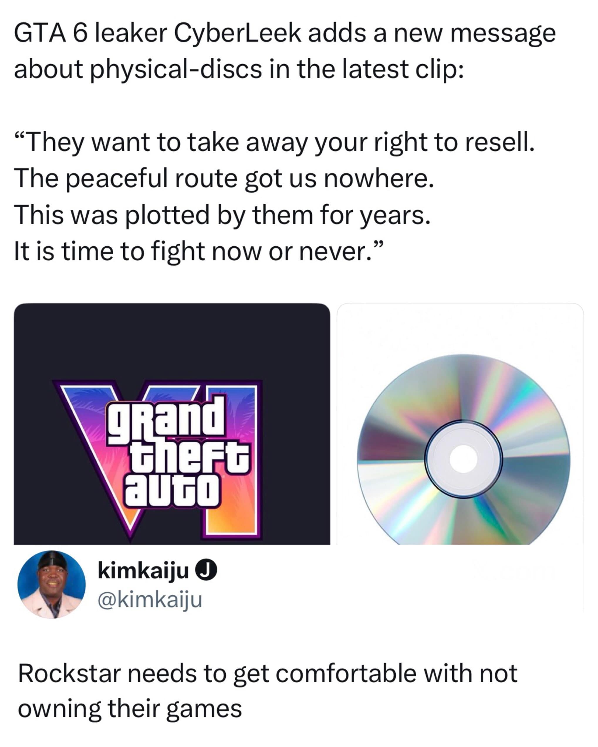 Social media report on GTA 6 physical disc leaks quote-tweeted with a razor-sharp response stating that Rockstar Games needs to get comfortable with not owning their games.