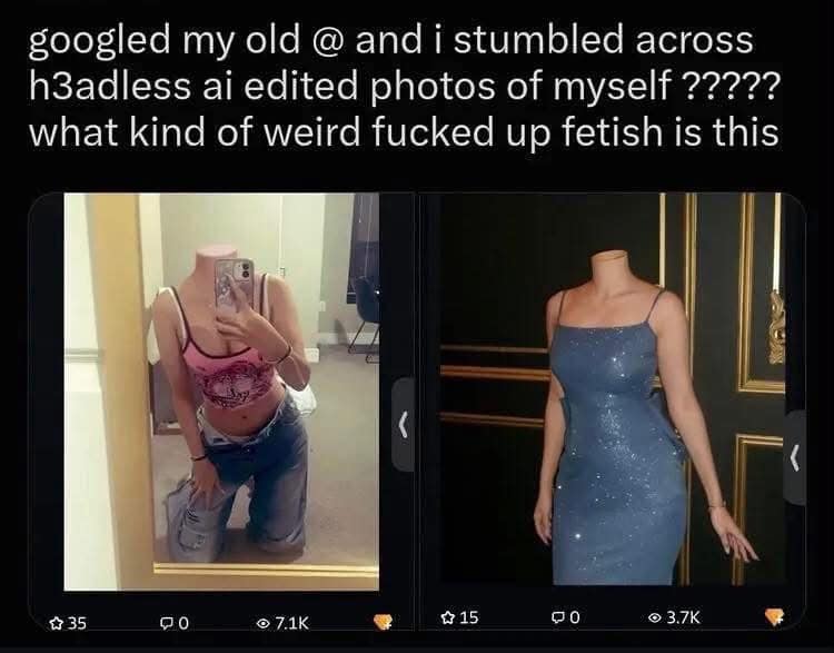 Social media post screenshot displaying headless AI-edited photos discovered after searching an old username, featured in a meme dump.