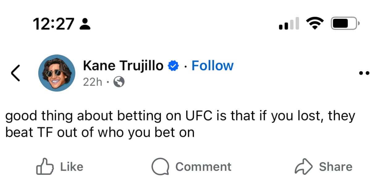 Social media post finding silver linings in sports gambling, noting that losing a UFC bet at least guarantees the fighter you backed gets severely beaten.